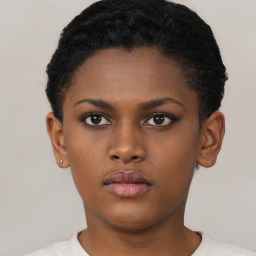 Neutral black young-adult female with short  brown hair and brown eyes