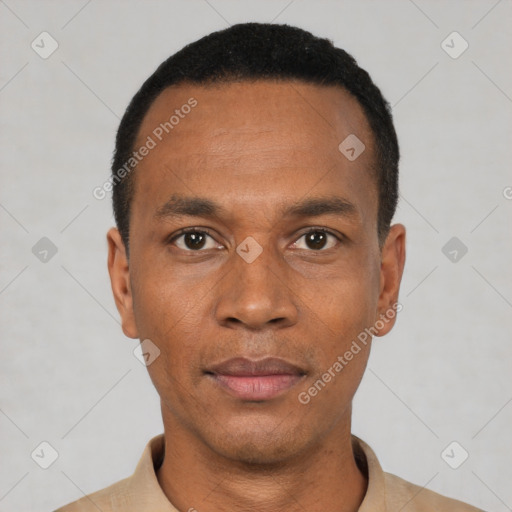 Neutral black young-adult male with short  black hair and brown eyes