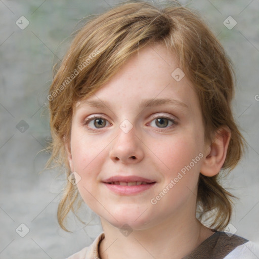 Joyful white child female with medium  brown hair and blue eyes