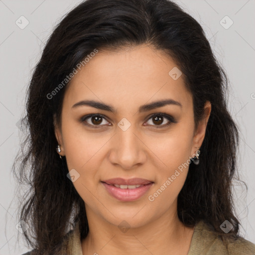 Joyful latino young-adult female with long  brown hair and brown eyes