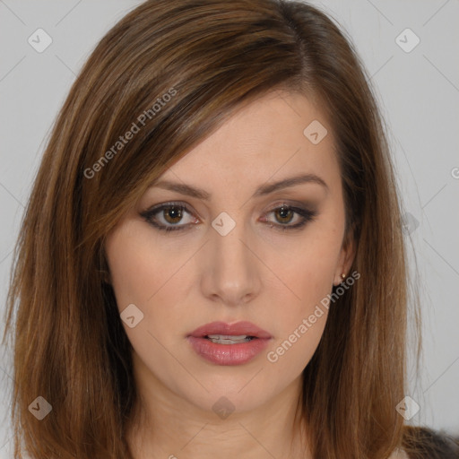 Neutral white young-adult female with long  brown hair and brown eyes