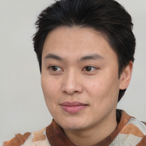 Neutral asian young-adult male with short  brown hair and brown eyes