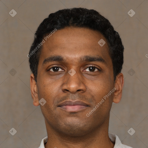 Neutral black young-adult male with short  black hair and brown eyes