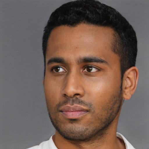 Neutral latino young-adult male with short  black hair and brown eyes