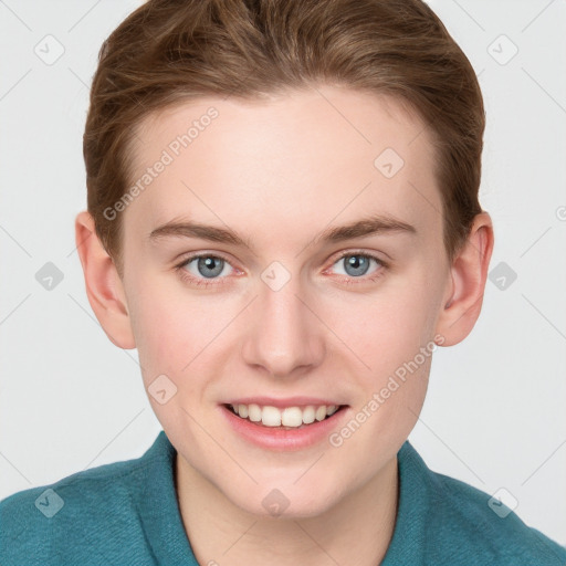 Joyful white young-adult female with short  brown hair and blue eyes