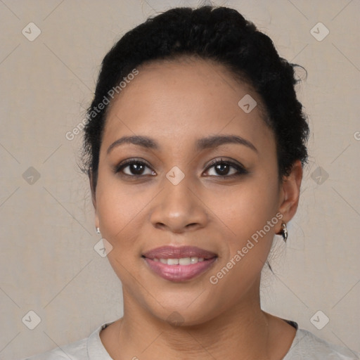 Joyful latino young-adult female with short  black hair and brown eyes