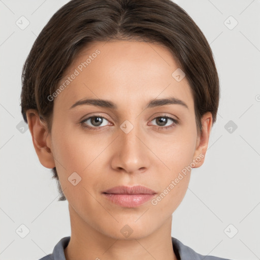 Neutral white young-adult female with short  brown hair and brown eyes