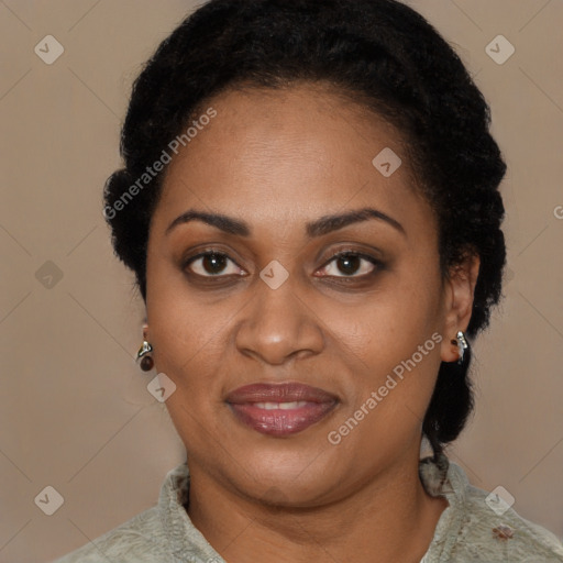 Joyful latino adult female with short  black hair and brown eyes
