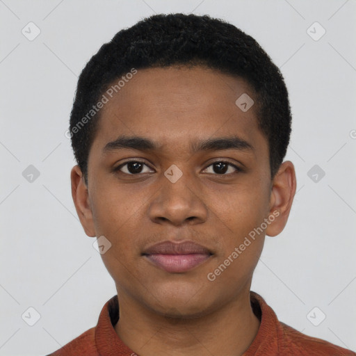 Neutral black young-adult male with short  black hair and brown eyes