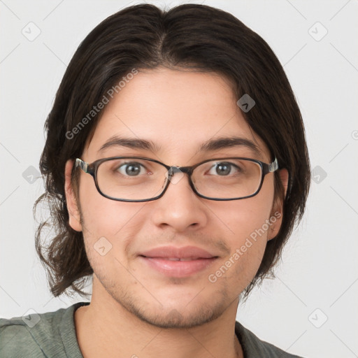 Joyful white young-adult male with medium  brown hair and brown eyes