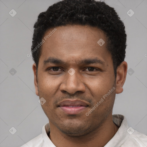 Joyful latino adult male with short  black hair and brown eyes