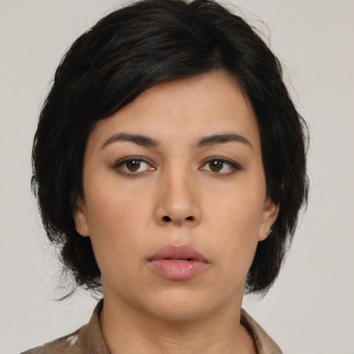 Neutral asian young-adult female with medium  black hair and brown eyes