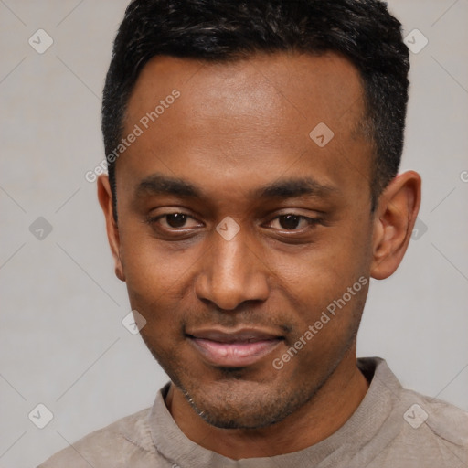 Neutral latino young-adult male with short  black hair and brown eyes