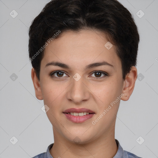 Joyful white young-adult female with short  brown hair and brown eyes