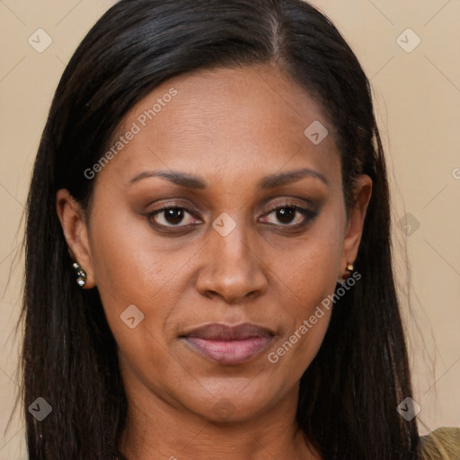 Joyful black adult female with long  brown hair and brown eyes