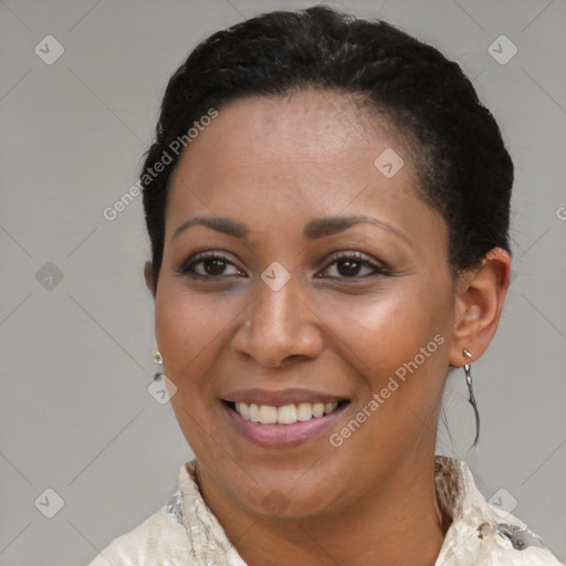 Joyful latino young-adult female with short  brown hair and brown eyes