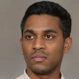 Neutral latino young-adult male with short  black hair and brown eyes