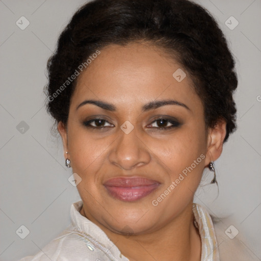 Joyful latino adult female with short  brown hair and brown eyes