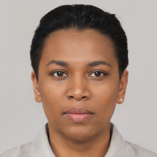 Neutral black young-adult female with short  black hair and brown eyes