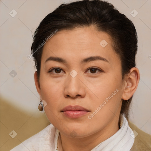 Neutral white young-adult female with short  brown hair and brown eyes