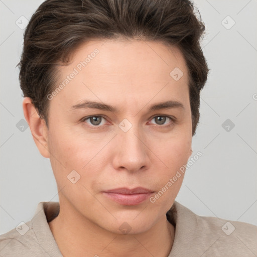 Neutral white young-adult female with short  brown hair and brown eyes