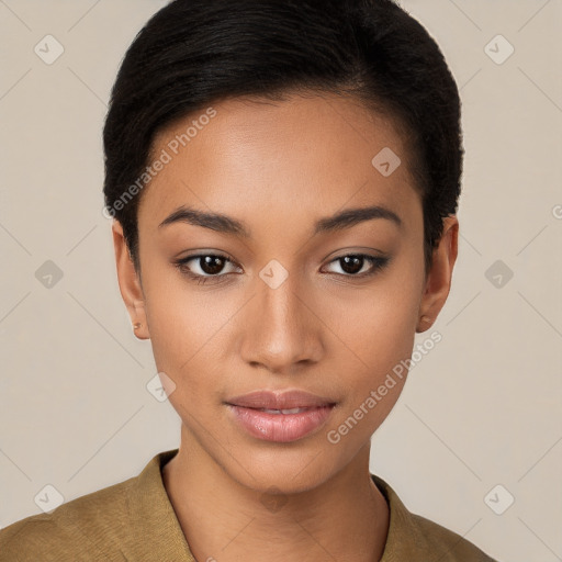 Joyful latino young-adult female with short  black hair and brown eyes