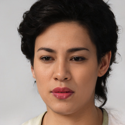 Neutral latino young-adult female with medium  black hair and brown eyes