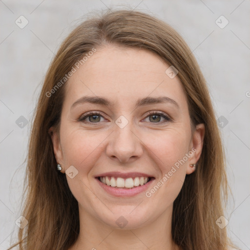 Joyful white young-adult female with long  brown hair and grey eyes