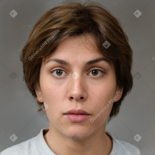 Neutral white young-adult female with medium  brown hair and brown eyes