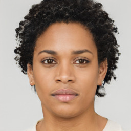 Neutral black young-adult female with short  black hair and brown eyes