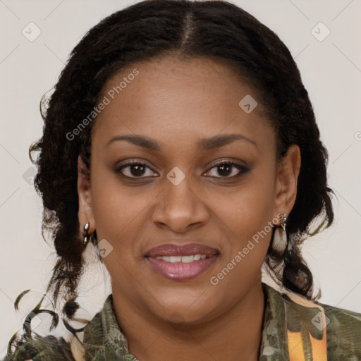 Joyful black young-adult female with medium  brown hair and brown eyes