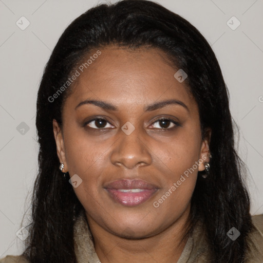 Joyful latino young-adult female with long  black hair and brown eyes