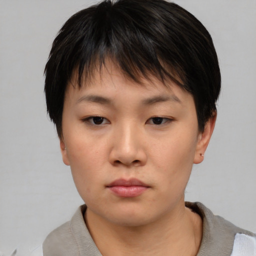 Neutral asian young-adult female with short  brown hair and brown eyes