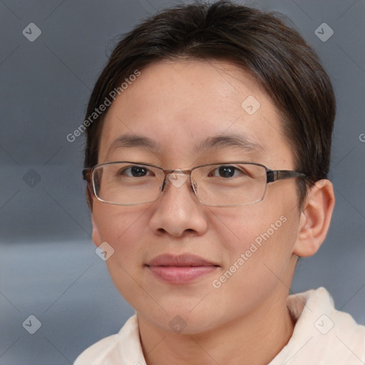 Joyful white adult female with short  brown hair and brown eyes