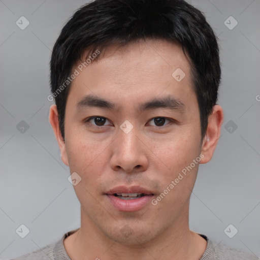 Neutral asian young-adult male with short  black hair and brown eyes