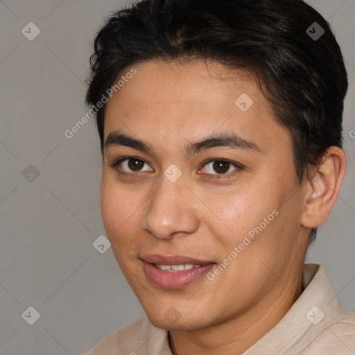 Joyful white young-adult male with short  brown hair and brown eyes