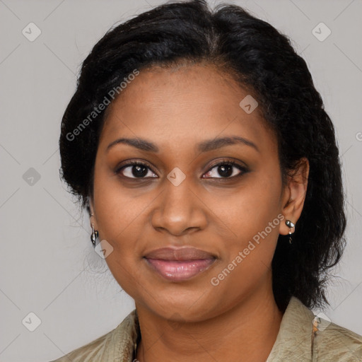 Joyful black young-adult female with medium  black hair and brown eyes