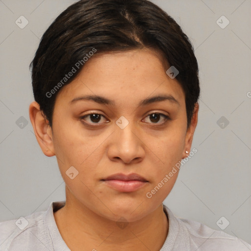 Neutral white young-adult female with short  brown hair and brown eyes