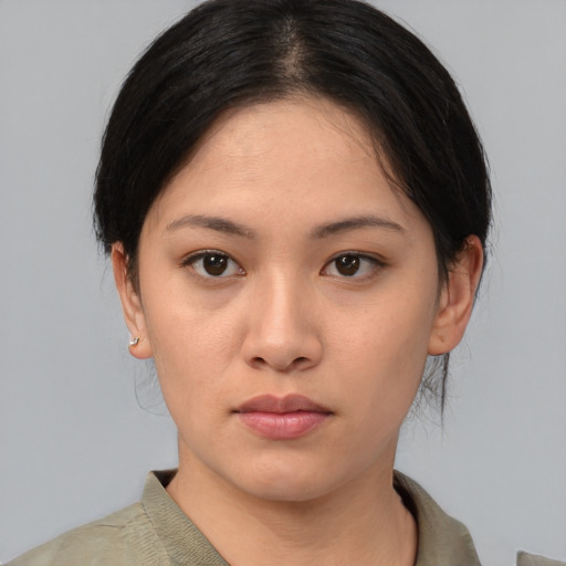 Neutral asian young-adult female with medium  black hair and brown eyes