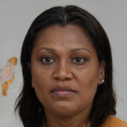Joyful black adult female with medium  brown hair and brown eyes