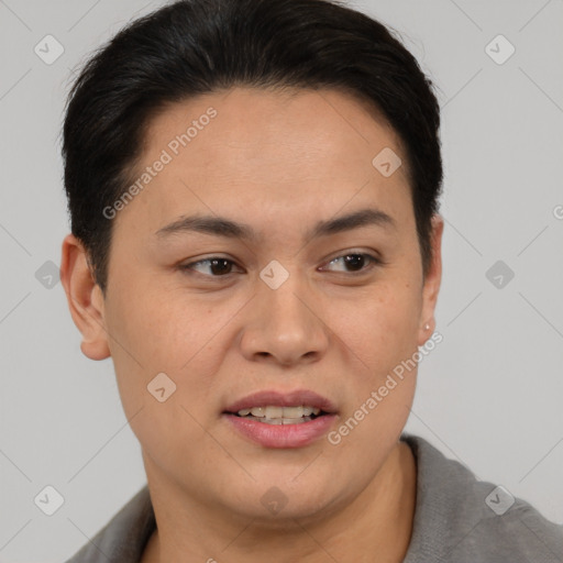 Joyful latino young-adult female with short  brown hair and brown eyes