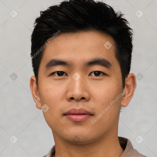 Neutral asian young-adult male with short  black hair and brown eyes