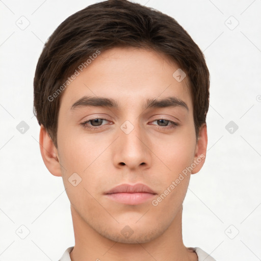 Neutral white young-adult male with short  brown hair and brown eyes