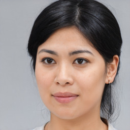 Joyful asian young-adult female with medium  black hair and brown eyes