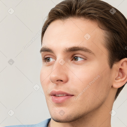 Neutral white young-adult male with short  brown hair and grey eyes