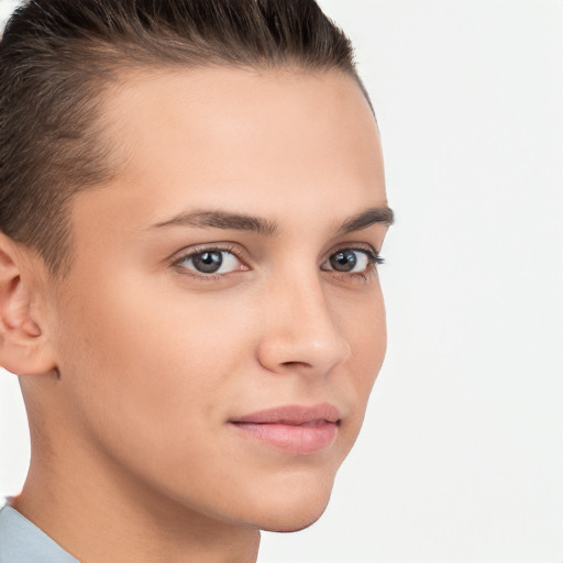 Neutral white young-adult female with short  brown hair and brown eyes