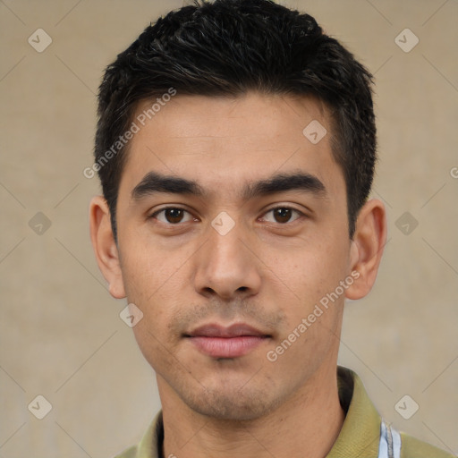 Neutral asian young-adult male with short  black hair and brown eyes