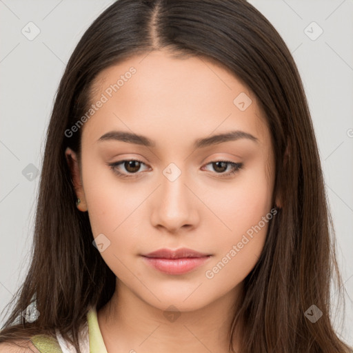 Neutral white young-adult female with long  brown hair and brown eyes