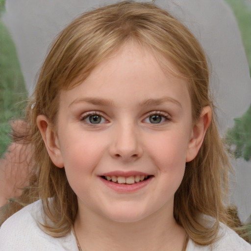 Joyful white child female with medium  brown hair and grey eyes