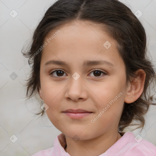 Joyful white child female with medium  brown hair and brown eyes